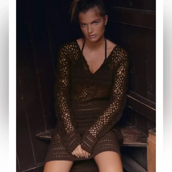 Zara Crochet Knit Long Sleeve Mini Dress NWT Brown Size Small - Picture 2 of 12